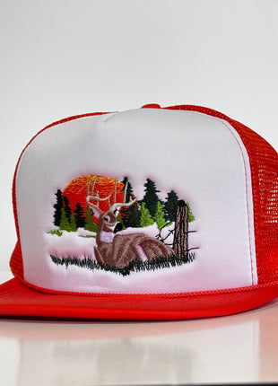 Old School Deer Deer Scene Orange Hunting Hat Vintage 90s Mesh Back Trucker SnapBack Custom Embroidered