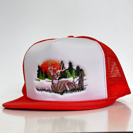 Old School Deer Deer Scene Orange Hunting Hat Vintage 90s Mesh Back Trucker SnapBack Custom Embroidered