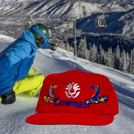 SNOWMASS Aspen Colorado Snowboarding Vintage Red Corduroy SnapBack Cap Hat Custom Embroidery