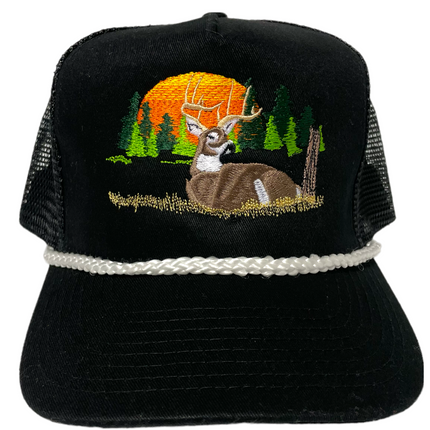 Deer Hunting Scene White Rope Vintage Black Mesh Trucker Snap Back Cap Hat Tall Crown Custom Embroidered