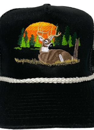 Deer Hunting Scene White Rope Vintage Black Mesh Trucker Snap Back Cap Hat Tall Crown Custom Embroidered