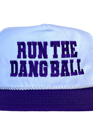 RUN THE DANG BALL Purple and White on a Vintage Rope Purple Brim Snapback Cap Hat Custom Embroidered