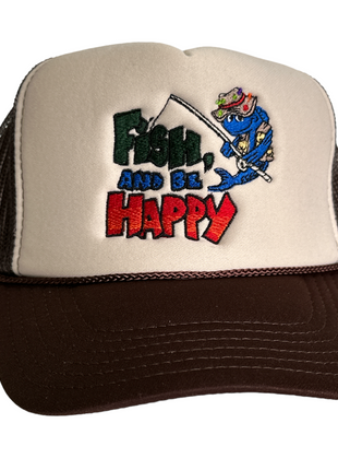 FISH AND BE HAPPY Brown Foam Mesh Trucker SnapBack Cap Hat Funny Fishing Custom Embroidered