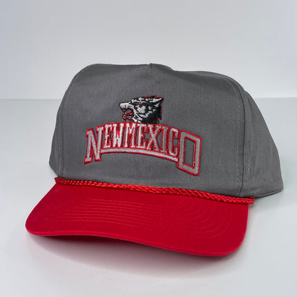 Custom New Mexico patch Vintage Gray Mid Crown Red Brim SnapBack Hat Cap with Rope
