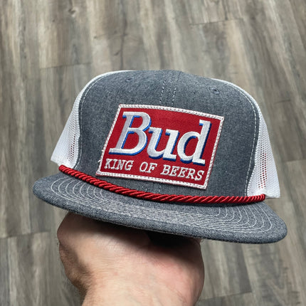 Custom Bud King of Beers patch Vintage Grayish Denim Like Mesh Snapback Hat Cap with Rope