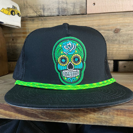 Custom Day of the dead Dia de los Muertos Rope Neon Green Skull Black Mesh Trucker Snapback Cap Hat