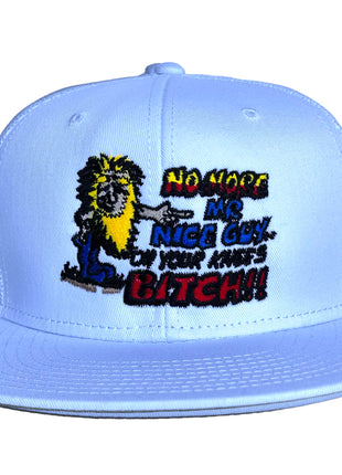 NO MORE MR NICE GUY ON YOUR KNEES White Mesh Trucker Flat Brim SnapBack Funny Cap Hat Custom Embroidered
