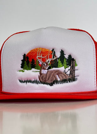 Old School Deer Deer Scene Orange Hunting Hat Vintage 90s Mesh Back Trucker SnapBack Custom Embroidered