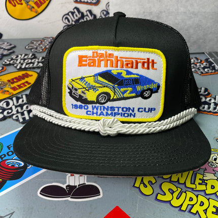 Custom Dale Earnhardt 1980 Winston Cup Champion Vintage Black Mesh SnapBack Hat with Double Rope