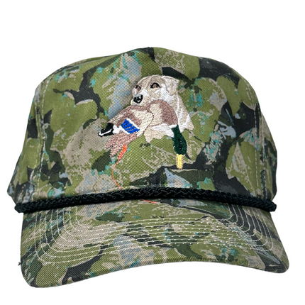 Lab Duck in Mouth Hunting Green Camo leafs Vintage SnapBack Cap Hat Custom Embroidered