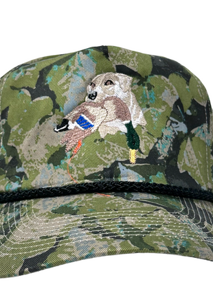 Lab Duck in Mouth Hunting Green Camo leafs Vintage SnapBack Cap Hat Custom Embroidered