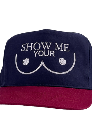 SHOW ME YOUR BOOBS Graphic Vintage Strapback Cap Hat Funny For Him or Her Custom Embroidered