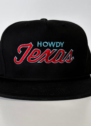 The Oiler Howdy Texas Red & Blue Script Black Rope Snapback Cap Hat Custom Embroidered