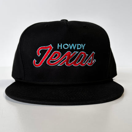 The Oiler Howdy Texas Red & Blue Script Black Rope Snapback Cap Hat Custom Embroidered