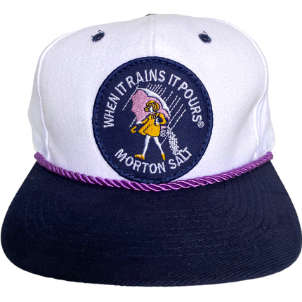 Custom When It Rains It Pours Morton Salt Vintage White Mid Crown Navy Brim Strapback Hat Cap with Rope