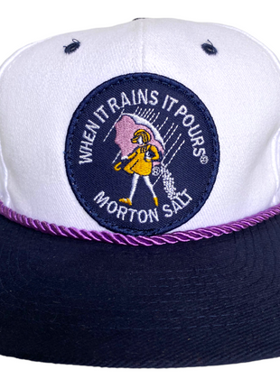 Custom When It Rains It Pours Morton Salt Vintage White Mid Crown Navy Brim Strapback Hat Cap with Rope
