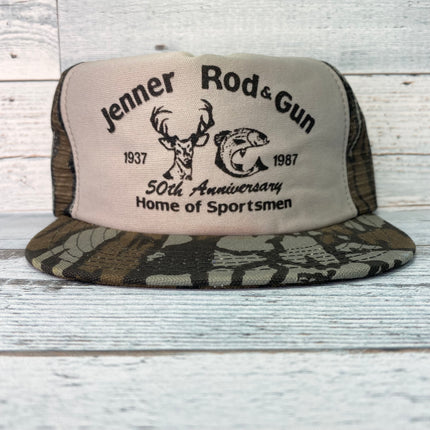 Vintage Jeener Rod & Gun 50th anniversary Deer Fish home of sportmen Camo Mesh Snapback hat cap