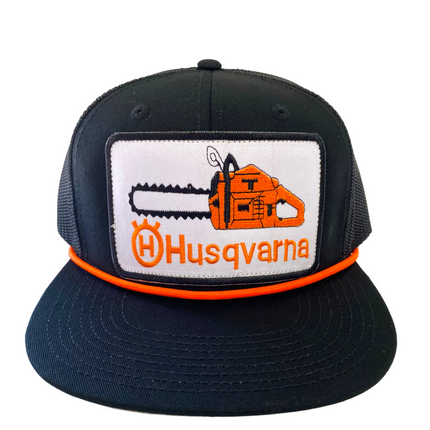 Custom Husqvarna patch Vintage Black Mesh Snapback Hat Cap with Orange Rope