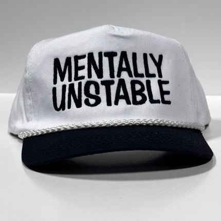 Mentally Unstable Vintage White Crown Navy brim Snapback Hat Cap with Rope Custom Embroidery