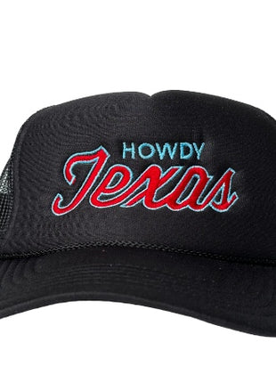 The Oiler Howdy Texas Red & Blue Script Black Mesh Trucker Snapback Cap Hat Custom Embroidered