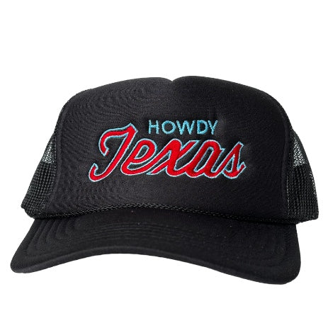 The Oiler Howdy Texas Red & Blue Script Black Mesh Trucker Snapback Cap Hat Custom Embroidered