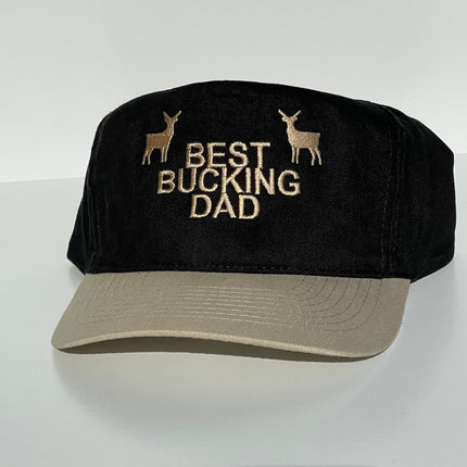 BEST BUCKING DAD Deer Black Crown Tan Brim Strapback Cap Hat For Him Custom Embroidered