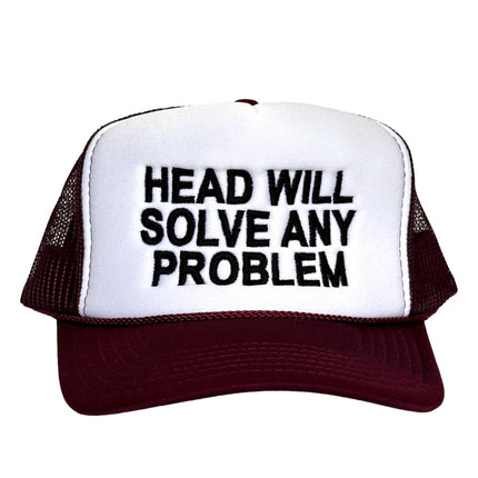 Head Will Solve Any Problem Vintage Maroon Mesh Trucker SnapBack Hat Cap Custom Embroidery