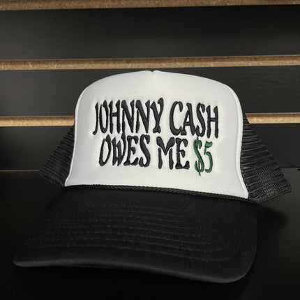 Custom Embroidered Johnny Cash Owes Me $5 Vintage Black Mesh Trucker Snapback Cap Hat