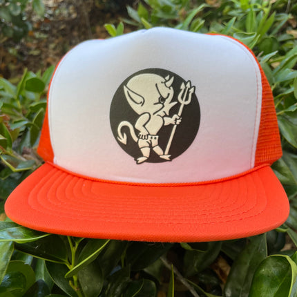 Custom Halloween Devil Boy Vintage White Orange Mesh Trucker Snapback Cap Hat print