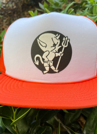Custom Halloween Devil Boy Vintage White Orange Mesh Trucker Snapback Cap Hat print