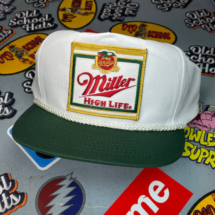 Custom Miller High Life Beer Vintage White Crown Green Brim Snapback Hat Cap with Rope