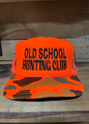 Old School Hunting Club Orange Camo Mesh SnapBack Hat Cap Custom Embroidery