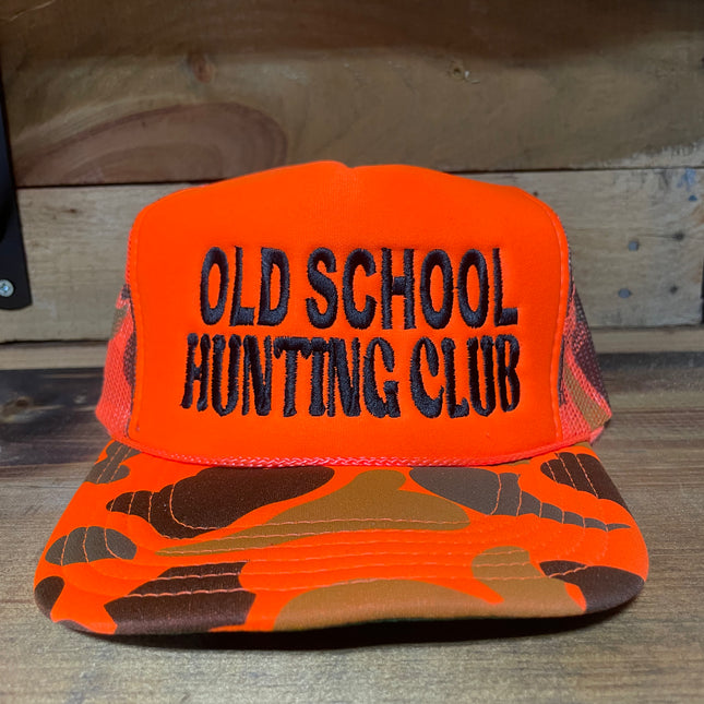 Old School Hunting Club Orange Camo Mesh SnapBack Hat Cap Custom Embroidery