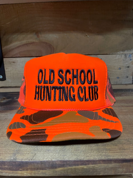 Old School Hunting Club Orange Camo Mesh SnapBack Hat Cap Custom Embroidery
