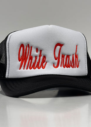 White Trash on a Vintage Black mesh Trucker SnapBack Hat Cap Custom Embroidery Chris Chapman