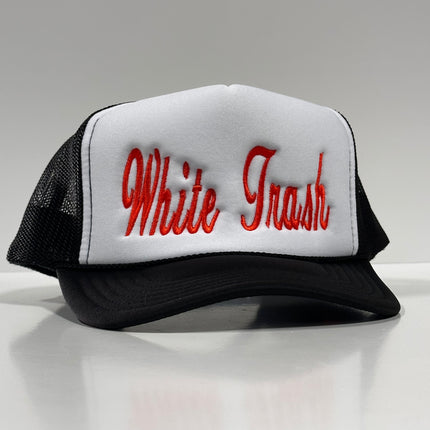 White Trash on a Vintage Black mesh Trucker SnapBack Hat Cap Custom Embroidery Chris Chapman
