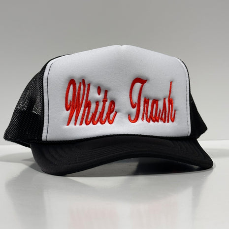 White Trash on a Vintage Black mesh Trucker SnapBack Hat Cap Custom Embroidery Chris Chapman