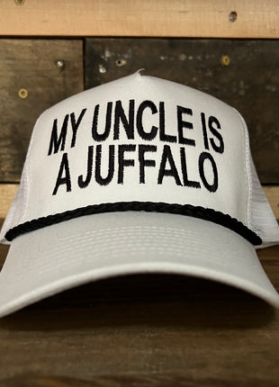 My Uncle Is A Juffalo Vintage White Mesh SnapBack Hat Cap with black rope Custom Embroidery
