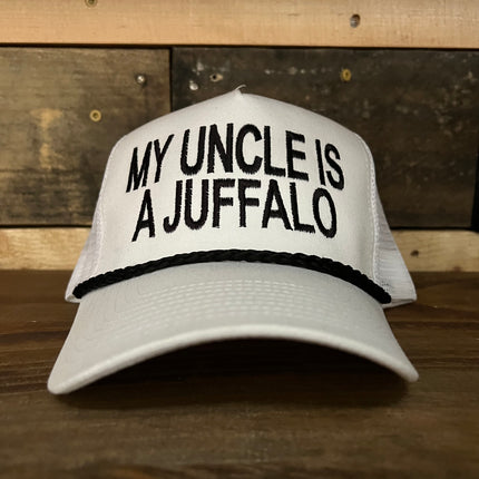 My Uncle Is A Juffalo Vintage White Mesh SnapBack Hat Cap with black rope Custom Embroidery