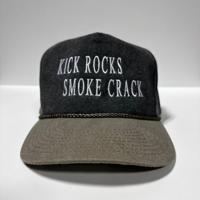 KICK ROCKS SMOKE CRACK Gray Stonewashed SnapBack Cap Hat Custom Embroidered
