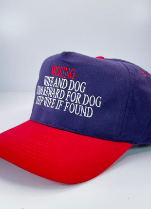 MISSING WIFE AND DOG Vintage Strapback Cap Hat Funny Embroidered
