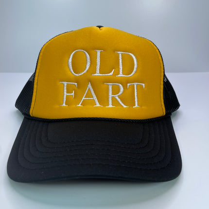 Old Fart Vintage Custom Embroidered Yellow crown black Brim Mesh Trucker SnapBack Hat Cap