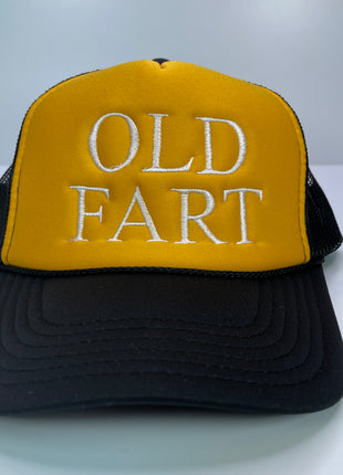 Old Fart Vintage Custom Embroidered Yellow crown black Brim Mesh Trucker SnapBack Hat Cap