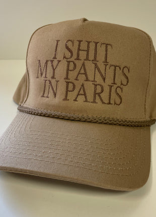 I SHIT MY PANTS IN PARIS Funny Vintage Tan Snapback Rope Cap Hat Custom Embroidered
