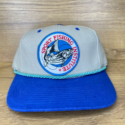 Custom Sport Fishing Institute Vintage Tan Crown Blue Brim Rope SnapBack Hat Cap