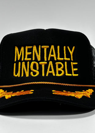 Mentally Unstable on Vintage Gold Leaf Mesh Snapback Hat Cap with Rope Custom Embroidery