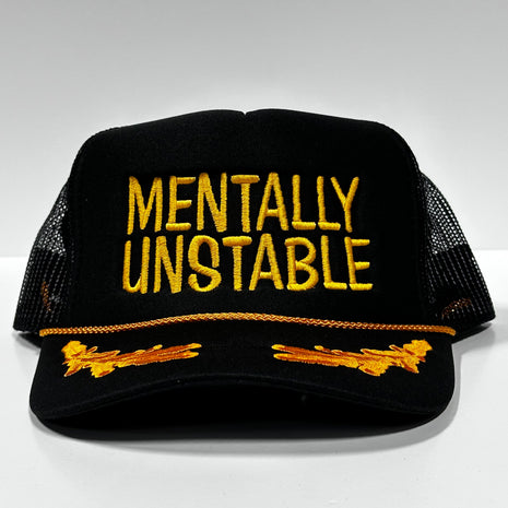 Mentally Unstable on Vintage Gold Leaf Mesh Snapback Hat Cap with Rope Custom Embroidery