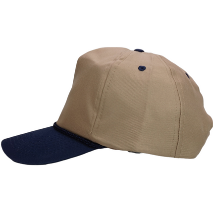 Vintage Tan Mid Crown Navy Brim Unstructured 5 Panel Strapback Hat Cap with Navy Rope