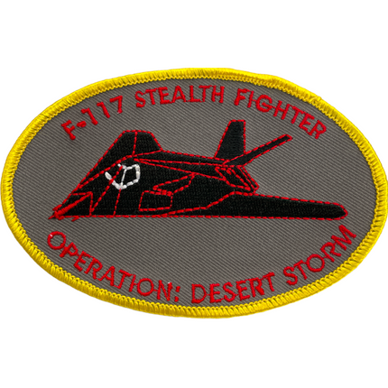 Vintage Operation Desert Storm F-117 Stealth Fighter Logo Gray Red and Yellow 4.5”x3” Sew On Oval Patch