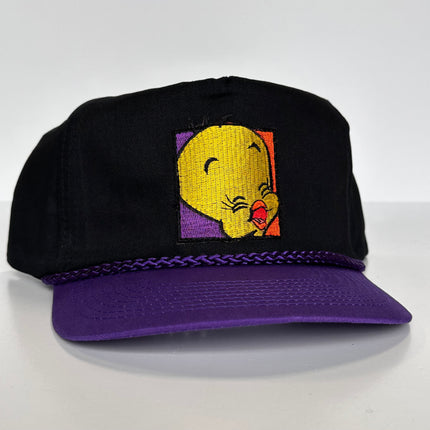 Custom Tweety Bird patch Vintage Black Crown Purple Brim ZipBack Hat Cap with rope